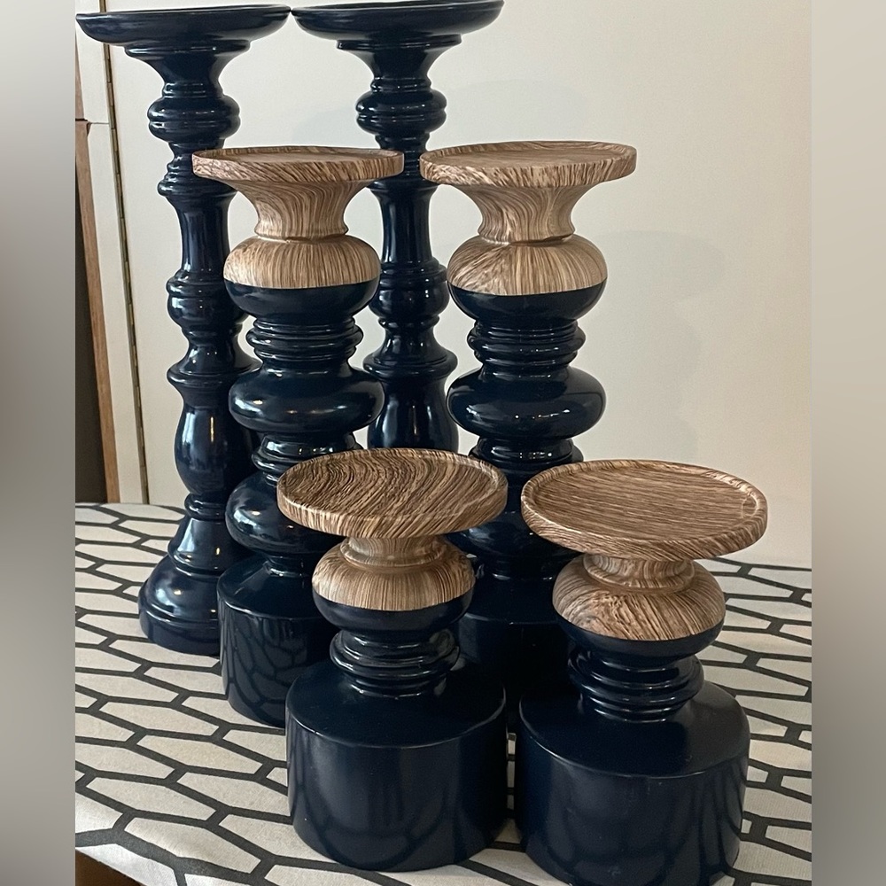 Brand new candle holders. Navy blue and wood finish.